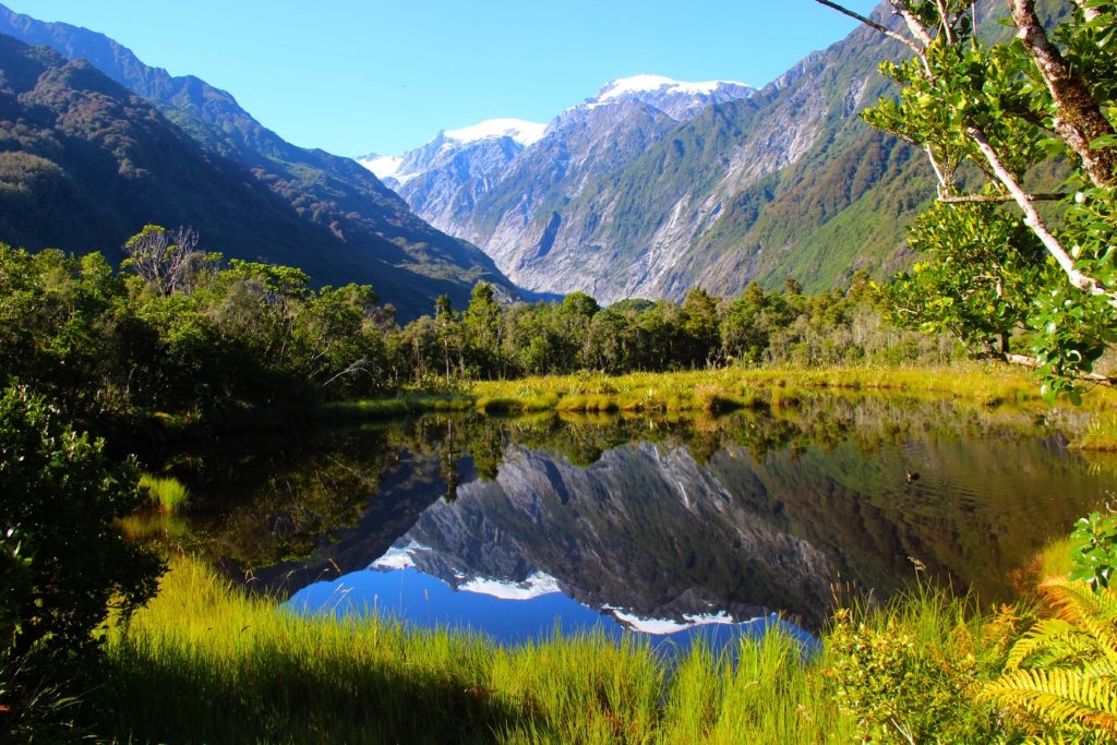 Reflection of glaciers in Mirror Lake, New Zealand